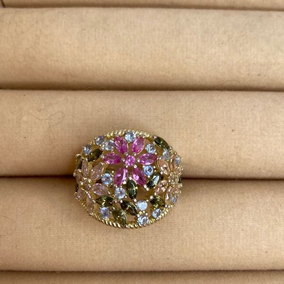 Cate d' Argent Ring 14k Gold Plated Over 925 Sterling Multi Colored Stones Ring - Picture 3 of 13